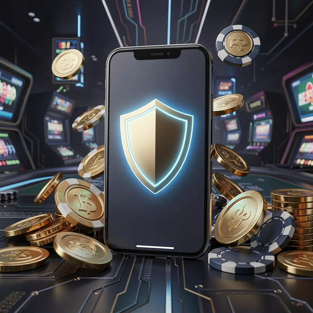 T688 secure mobile casino app concept showing a smartphone with a glowing shield icon surrounded by golden coins and chips on a dark luxury cyber background in a realistic 3D render T688 secure mobile casino app concept showing a smartphone with a glowing shield icon surrounded by golden coins and chips on a dark luxury cyber background in a realistic 3D render