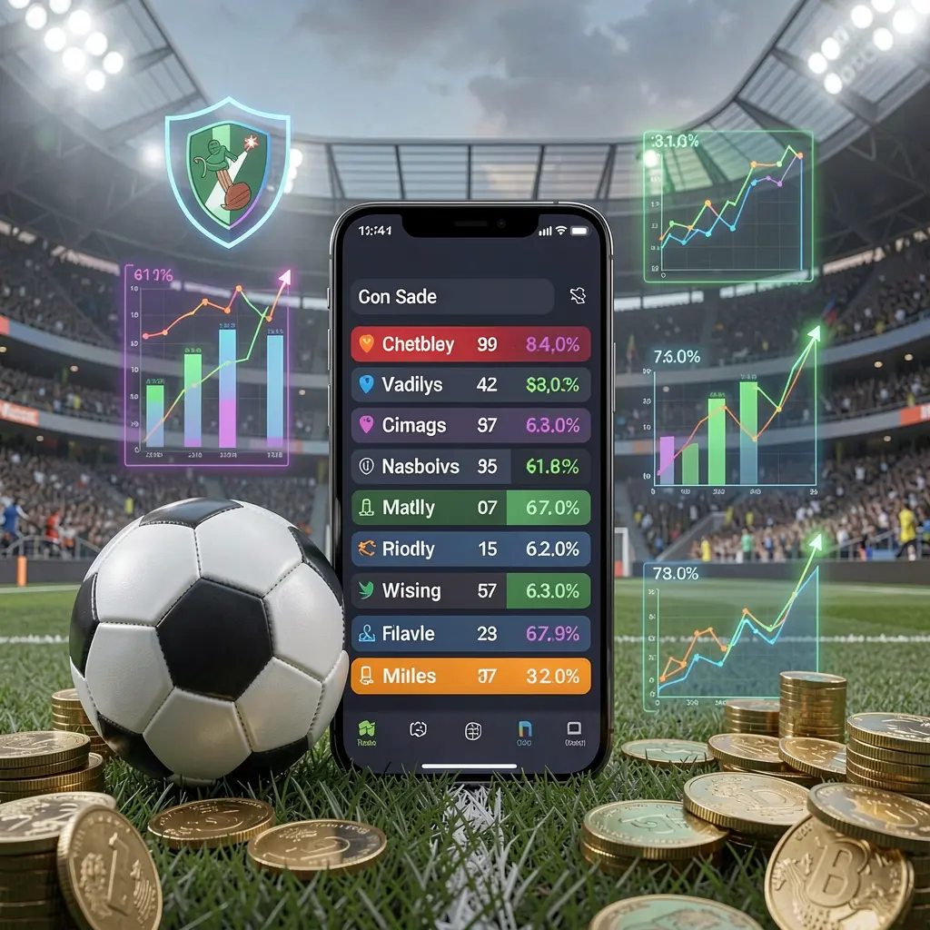 T688 football prediction betting scene featuring a smartphone displaying match statistics interface, a soccer ball, coins, and glowing data charts floating around in a modern stadium background