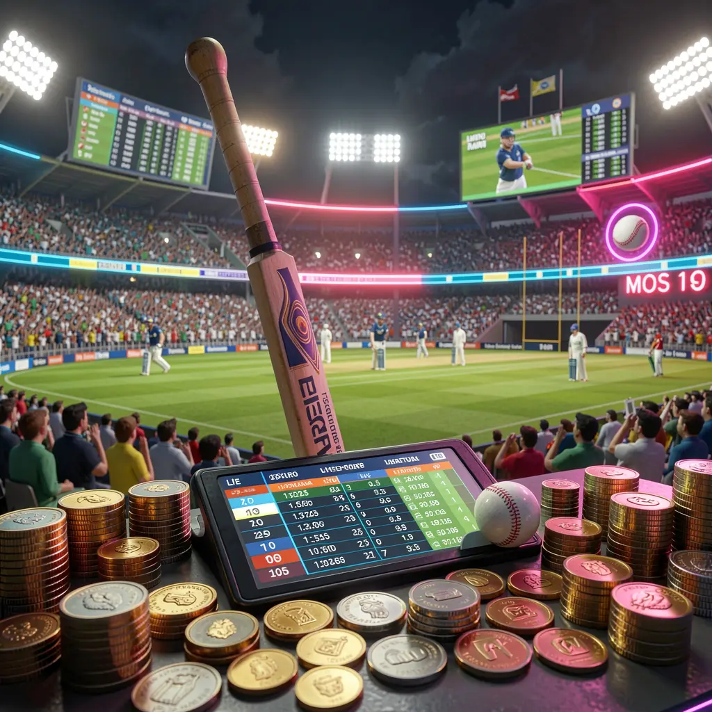 T688 cricket sportsbook scene showing a packed cricket stadium with a green field, bat and ball, digital live odds panels, coins, and neon lighting in a cinematic 3D render
