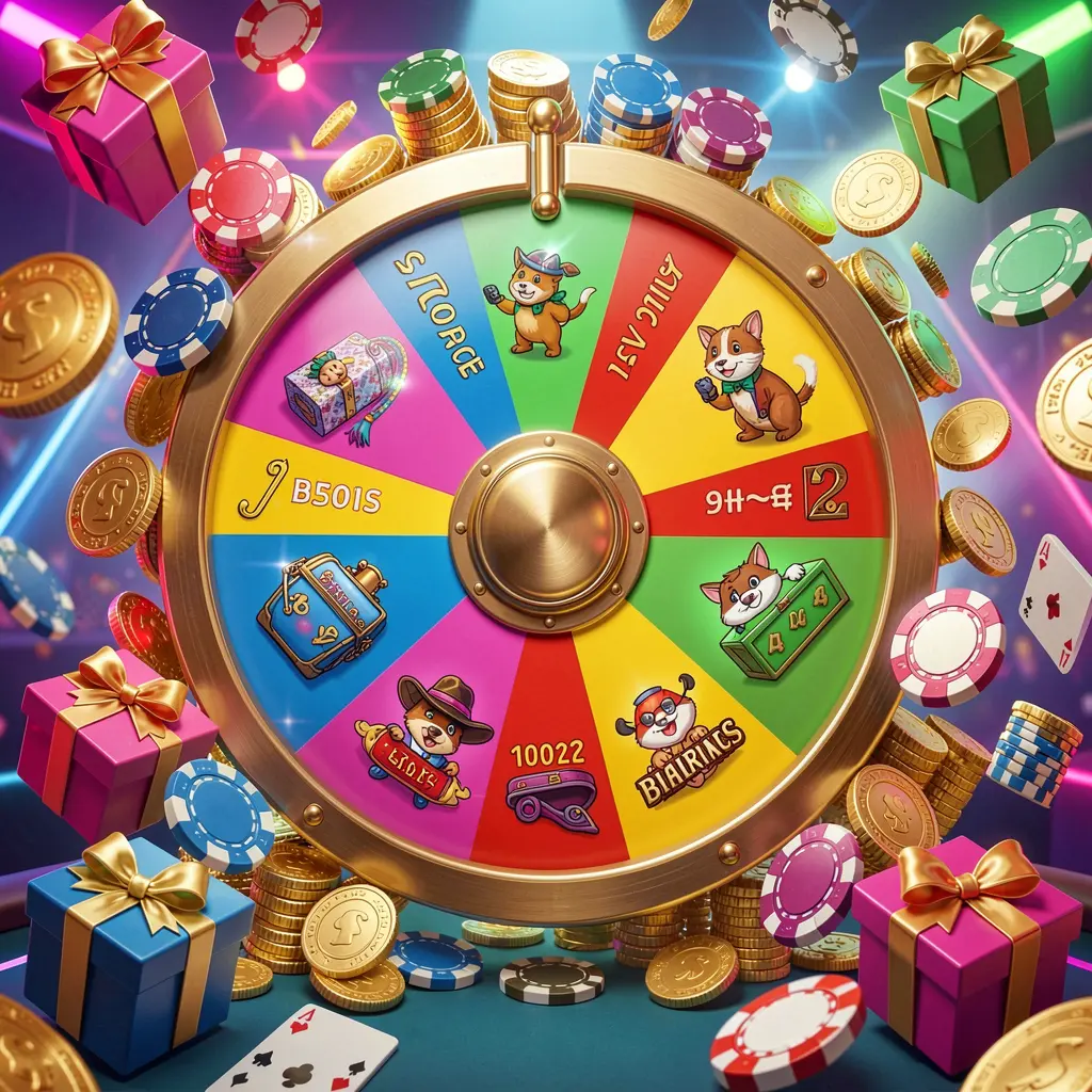 T688 casino bonus wheel with colorful prize sections surrounded by golden coins, chips, and gift boxes under bright neon casino lights in a dynamic composition T688 casino bonus wheel with colorful prize sections surrounded by golden coins, chips, and gift boxes under bright neon casino lights in a dynamic composition