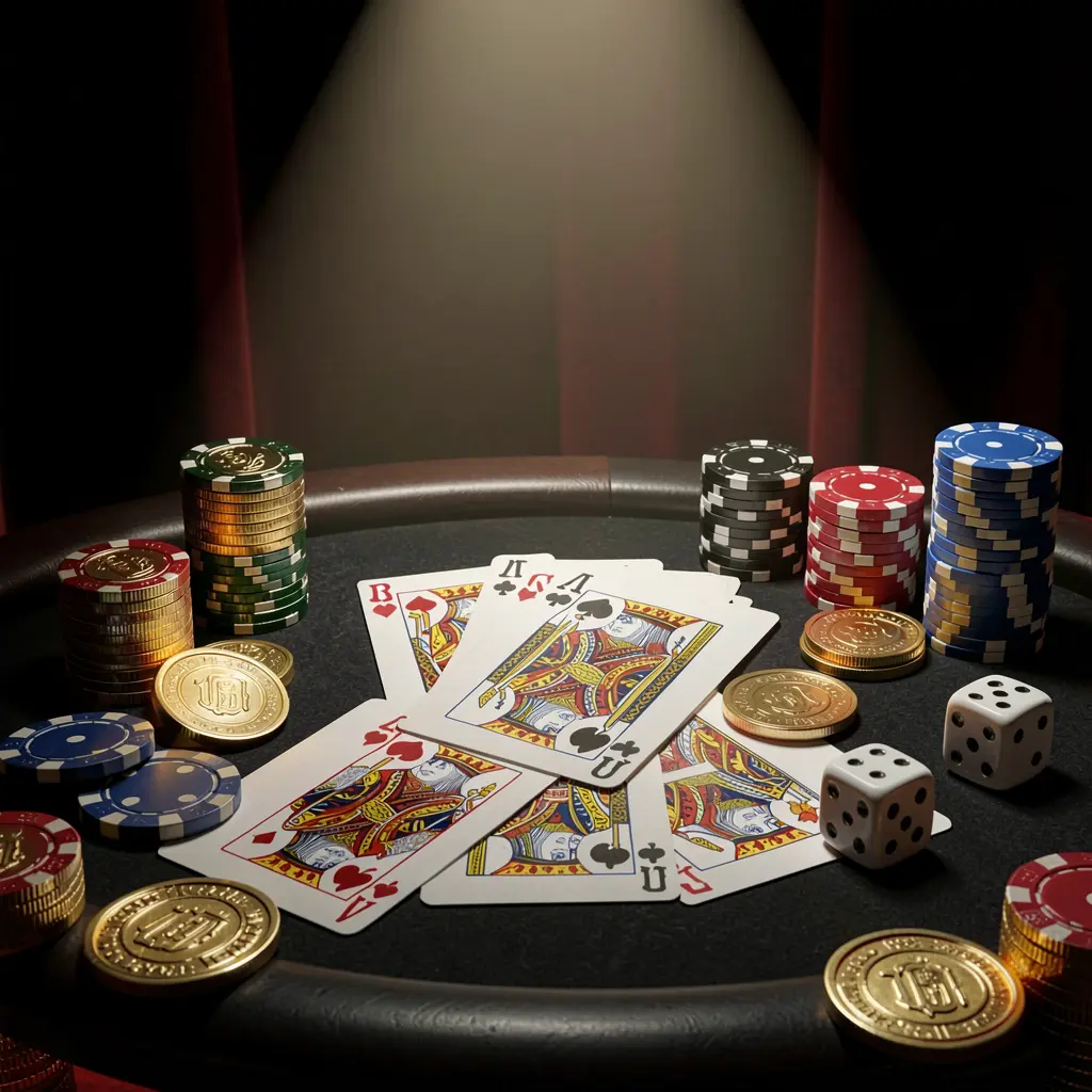T688 casino table featuring a royal flush hand, poker chips, golden coins, and dice on a luxury black and red background with dramatic spotlight in a realistic 3D render
