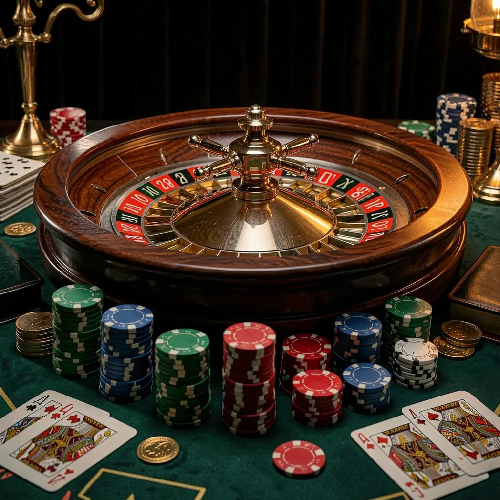T688 classic casino scene featuring a spinning roulette wheel, scattered chips, playing cards, and coins on an elegant dark table with cinematic lighting