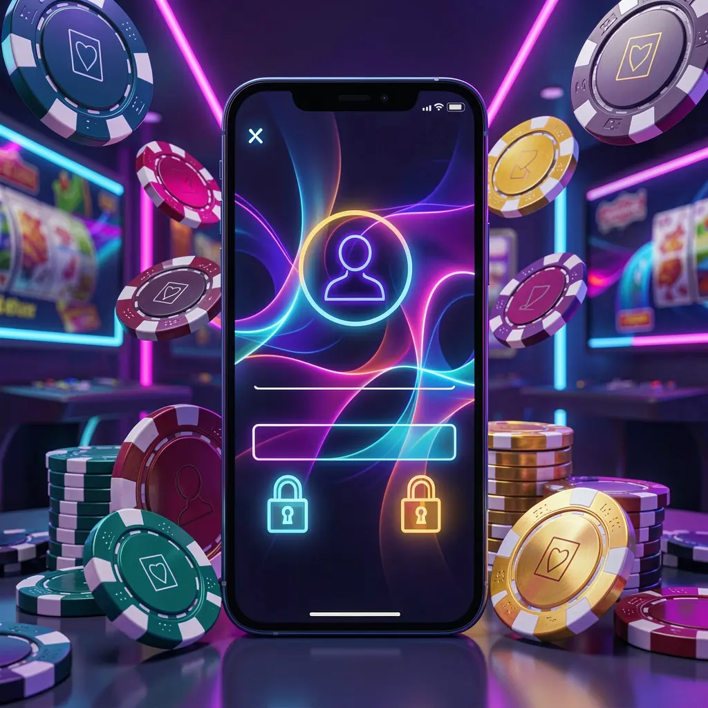 T688 mobile gaming login page concept showing a smartphone with an abstract login interface featuring user and lock icons, surrounded by casino chips and coins under luxury neon lighting T688 mobile gaming login page concept showing a smartphone with an abstract login interface featuring user and lock icons, surrounded by casino chips and coins under luxury neon lighting