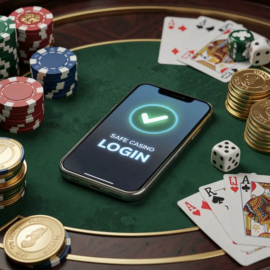 T688 safe casino login concept showing a smartphone with verification checkmark icon surrounded by chips, cards, dice, and golden coins on an elegant luxury casino table in a 3D realistic render T688 safe casino login concept showing a smartphone with verification checkmark icon surrounded by chips, cards, dice, and golden coins on an elegant luxury casino table in a 3D realistic render