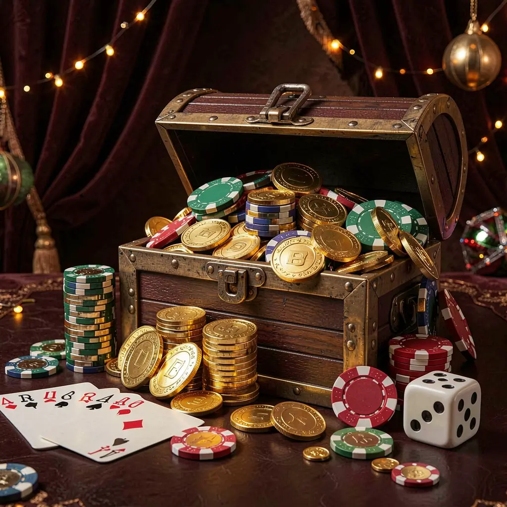 T688 online casino welcome banner featuring a treasure chest filled with golden coins and casino chips, surrounded by playing cards and dice against a dark luxury background creating a festive premium atmosphere T688 online casino welcome banner featuring a treasure chest filled with golden coins and casino chips, surrounded by playing cards and dice against a dark luxury background creating a festive premium atmosphere