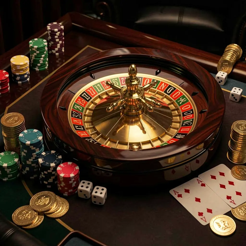 T688 premium casino homepage featuring a roulette wheel spinning on a glossy table surrounded by poker chips, dice, cards, and golden coins against an elegant dark background with cinematic lighting T688 premium casino homepage featuring a roulette wheel spinning on a glossy table surrounded by poker chips, dice, cards, and golden coins against an elegant dark background with cinematic lighting